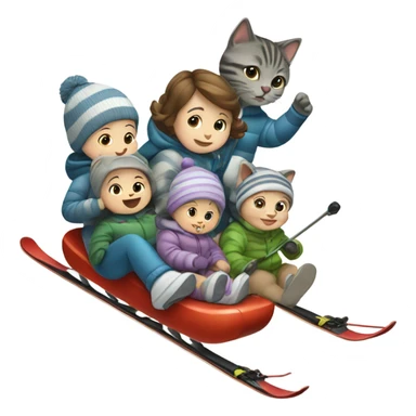 Baby skiing with its family of five, and their grey striped cat sticker