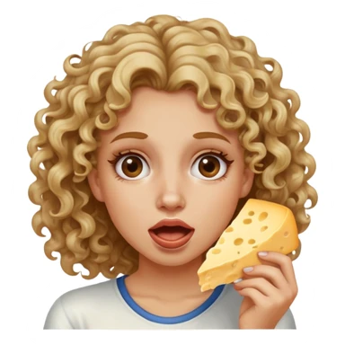Girl with dirty blonde highlights on the end hair curly rolling her eyes all the way back with her mouth open and white Philadelphia cheese on her cheeks sticker