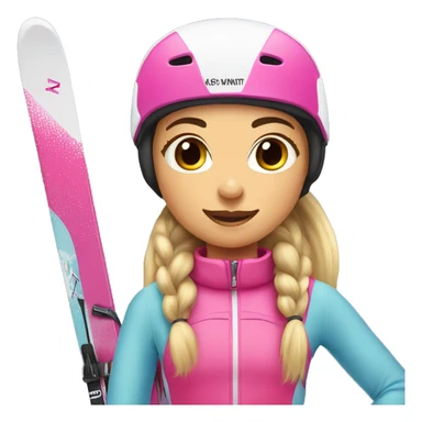 Dark Skier girl with long hair in pony tail, black eyes and pink gear show skis and legs  sticker