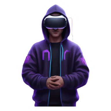 Russian man wearing a black hoodie with "OMG" letters on it and VR headset in a cyberpunk VR environment with violet neon lighting. sticker