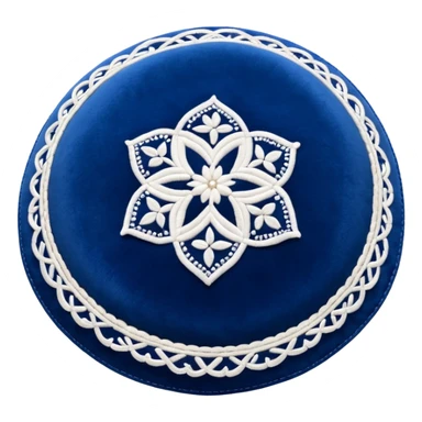 blue velvet Jewish kippah with white embroidery, viewed from above sticker