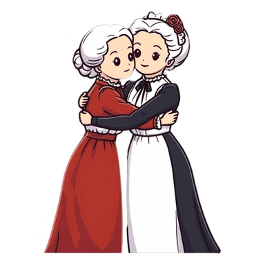 Two modest Victorian women hugging, one with white hair and one with copper red hair, wearing long Victorian dresses sticker