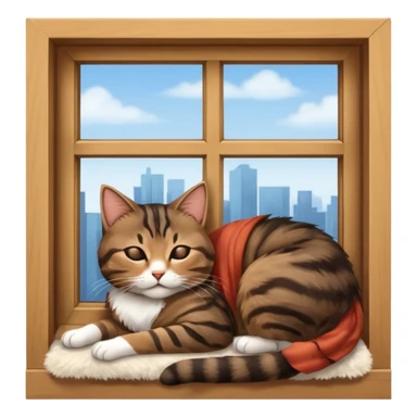 a young female brown and black tabby cat, sleeping in a window seal and she falls out of window to the floor. realistic, raw 9.16 sticker