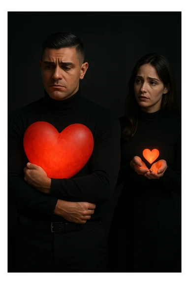 an Italian man in his 30s with olive skin and dark hair stands apart from a woman who offre un piccolo cuore luminoso tra le mani. Lui guarda il cuore con un’espressione triste e insoddisfatta, tenendo tra le braccia un cuore molto più grande e brillante, mentre la distanza tra loro è accentuata da luci soffuse e ombre. sticker