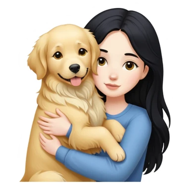 A white girl with long black  hair tightly hugged a Golden Retriever sticker