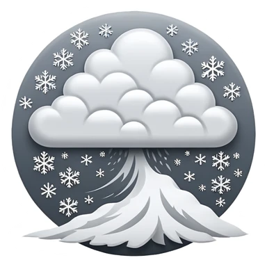 A powerful blizzard  storm cloud with heavy swirling snow, strong wind lines, flying snowflakes, dynamic motion. White and gray tones, bold but simple shapes. sticker
