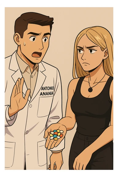 fai un webtoon/manga a colori con questo kinesiologo in camice bianco (fagli la scritta "ANTONIO ANANIA" SUL CAMICE) CHE PARLA CON QUESTA RAGAZZA. LA RAGAZZA HA UN PUGNO DI INTEGRATORI IN MANO (TANTE PILLOLE DIVERSE) E LE GUARDA DUBBIOSA. IL KINESIOLOGO CON IL CAMICE BIANCO LE DOMANDA UNA COSA SCIOCCATO. NON FARE I FUMETTI, FAI SOLO LORO COME SE DIALOGASSERO sticker