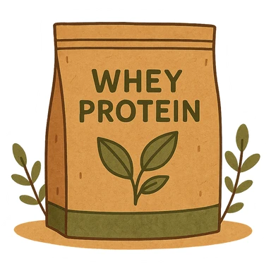 whey protein pouch, eco-friendly look, kraft paper texture, green accents, leaf icon, natural feel sticker