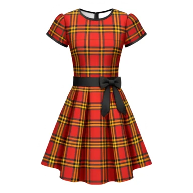 No human figures, Women's MacQueen' Tartan Mini Dress in Red/Black/Yellow, crew neck, cap sleeves and a handkerchief hem. Isolated rendering sticker