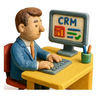 claymation style office worker with brown hair, working on CRM at desk sticker