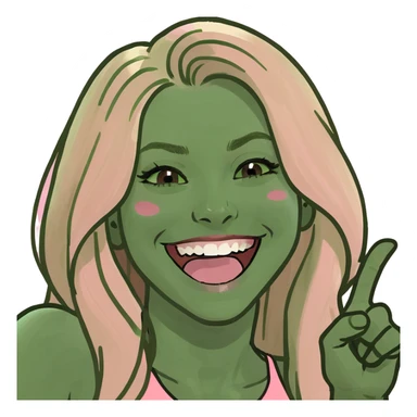 blonde girl with long hair brown eyes wearing pink laughing and pointing sticker