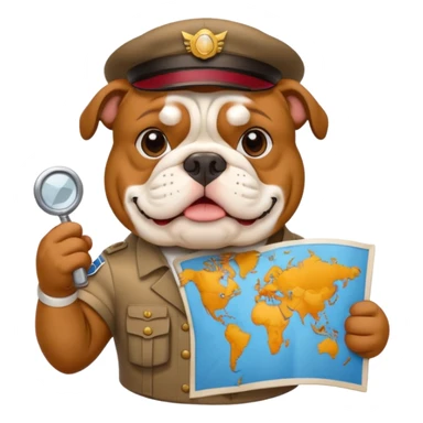 English bulldog with a tour guide badge and map sticker