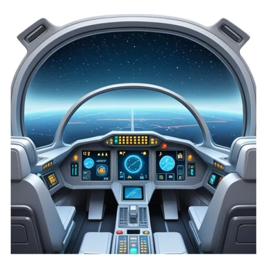 spaceship cockpit interior view with dashboard and stars visible through window sticker
