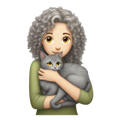 White Girl curly hair cuddling with grey cat sticker