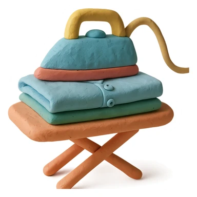 iron on ironing board with a neatly folded shirt, playful arrangement, pastel palette, claymation style sticker