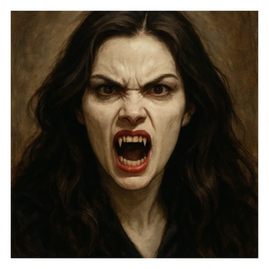 vampire woman with white skin, brunette, long hair, angry face, fangs out, detailed expressive style sticker