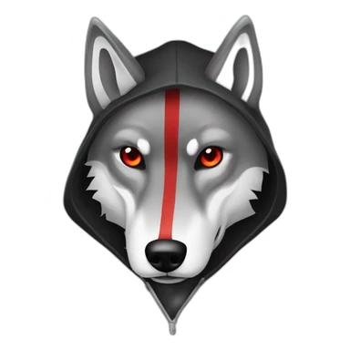 grey wolf with red eyes wearing a black hood holding  sickles sticker