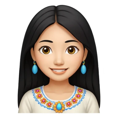 30 yr old asian woman center parted hair big eyes big smile tanned skin straight black hair hippie part hair white blouse sticker