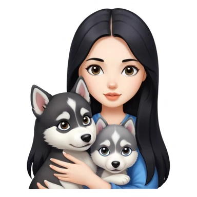 beautiful girl with long black hair holding a cute husky puppy sticker