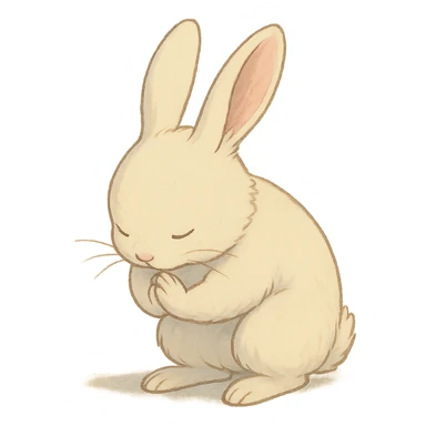 white bunny bowing politely, paws together, soft ghibli style sticker