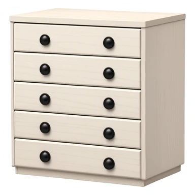 IKEA-inspired really deep white 6-drawer chest, one tiny black knob per drawer, stacked sticker