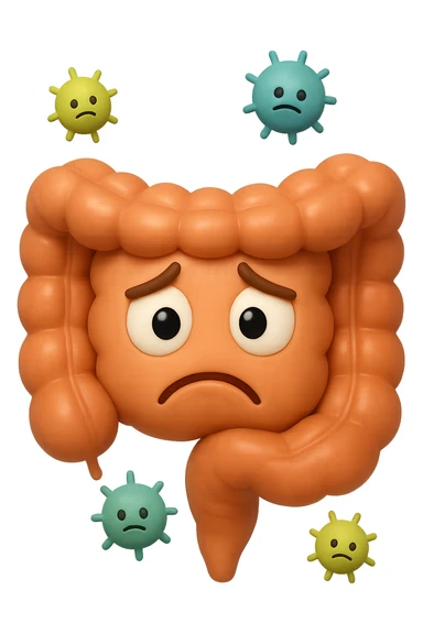 EMOJI STILE IPHONE 3D DI INTESTINO 3D CON ESPRESSIONE TRISTE  IN VOLTO MENTRE SOPRA LUI FLUTTUANO BATTERI, FAGLI ANCHE LA PARTE BIANCA DEGLI OCCHI, NON SOLO LA PUPILLA sticker