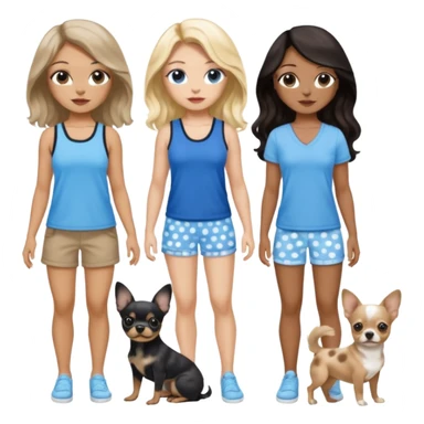 Three women in summer clothes, brown eyed light skin with dark blonde long hair and Brown eyed light skin black long wavy hair and blue eyed light skin long blonde hair with blue spotted Merle Frenchie and also a black and tan chihuahua  sticker