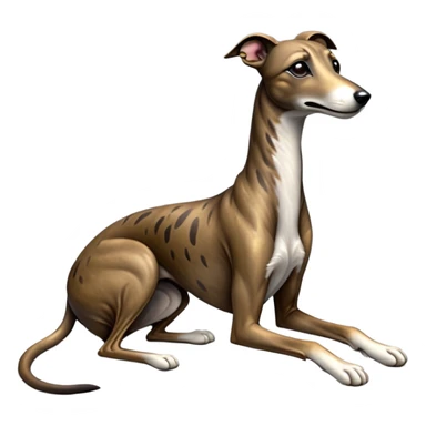 cinematic-[brindle greyhound]-realistic-full-body-sitting-emoji,-tail-resting-loosely-beside-its-paws,-head-tilted-dramatically, -sleek-[brindle]-fur,-simplified-yet-realistic-focused-features,-highly-detailed,-glowing-with-an-almost-sarcastic-glow sticker