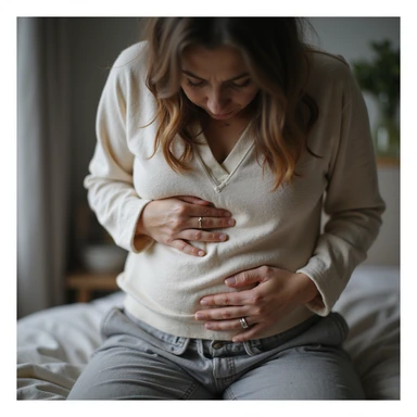 hyperrealistic 4K detailed image of a woman with hormonal imbalance, hand on bloated abdomen, wearing comfortable clothes, expression of discomfort, domestic environment sticker