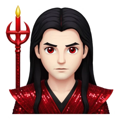 Lucifer from The Bible with long black hair, dark red sequin outfit sticker