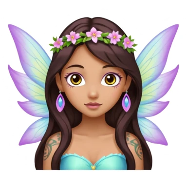 Earthreal sparkly angelic mystical magical shiny pretty Fairy. Dark Brown eyes, Caramel skin, Long dark brown hair. White, hot pink and light blue and lavender, light green, light yellow fairy wings. Tattoos sticker
