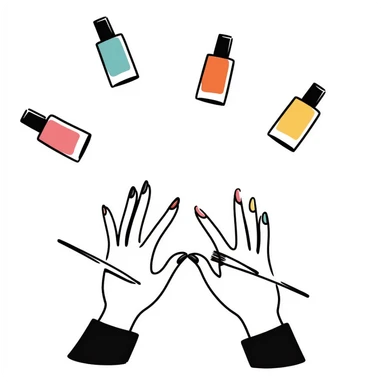 manicure scene with hands, painted nails, and nail polish bottles in pastel colors dd9fb0, ffc6d3, a3bfc9, c4bee2, f1b091, hand-drawn doodle style sticker