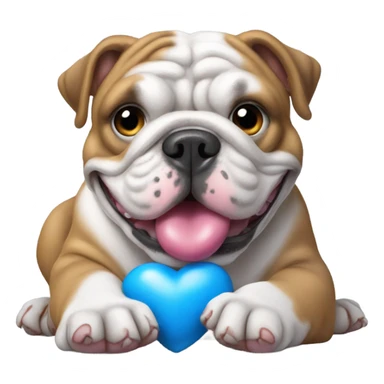 English bulldog playing with blue heart sticker