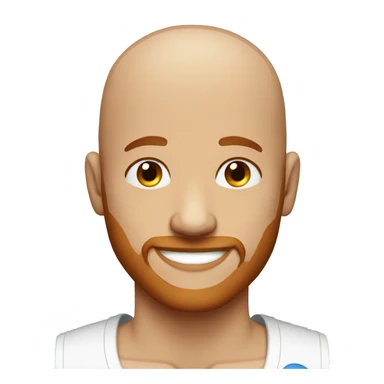 bald man, blue eyes, smiling with red patchy beard sticker
