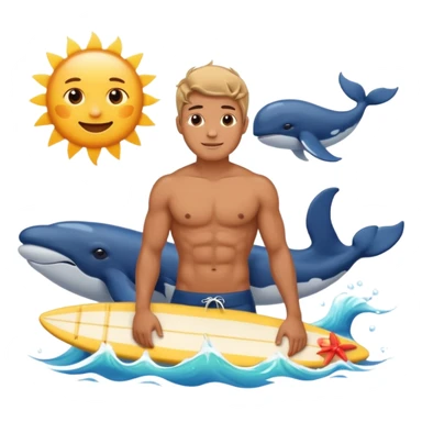 marine style emoji with waves, whale, male shirtless surfer, summer atmosphere with sun and warm  sticker