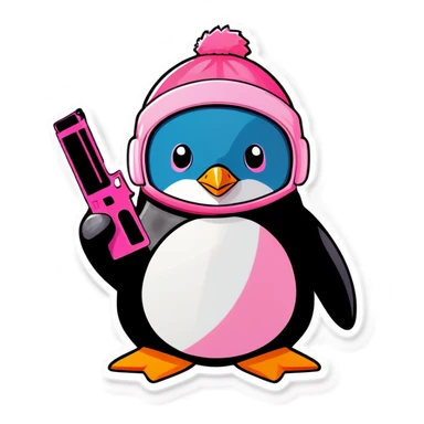 penguin wearing light pink ski mask holding a light pink gun sticker