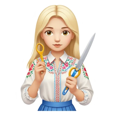 Ukrainian young girl with blonde hair in a white traditional embroidered shirt (vyshyvanka) holding scissors in one hand and colorful paper in the other hand sticker
