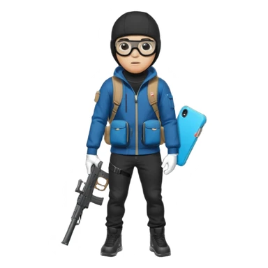 YN wearing a ski mask, holding a gun, all black fit, black jeans, Sprayground bookbag, confident stance with glasses sticker