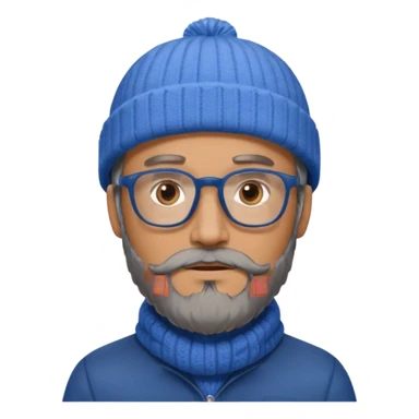 Create a figure that reflects an experienced entrepenurr but who has professional and elegant clothing, blue winter cap, grey glasses, brown eyes and an unkempt beard  sticker