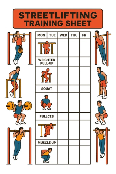 a streetlifting training sheet with icons for each exercise—weighted pull-ups, weighted dips, squats, muscle-ups—organized in a weekly schedule. Around the sheet, small illustrations show athletes performing each movement with proper form. The color palette is bold and energetic, and the background is clean and minimal. sticker