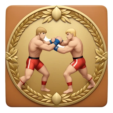 An icon symbolizing wrestling combat sports in the style of an emblem. The design features two wrestlers locked in a powerful grapple, one attempting to take the other down. Surrounding the scene are stylized elements like a championship belt, wrestling mat, and a laurel wreath.  sticker