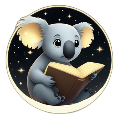 A koala perched on a ethereal glowing crescent moon, with dark black sky,  reading a book with constellations glowing on the pages sticker