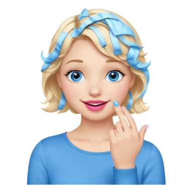 Girl Blonde short wavy hair,  blue eyes, cute blue top, long lashes, pink lips, smiling, hand covering the mouth sticker