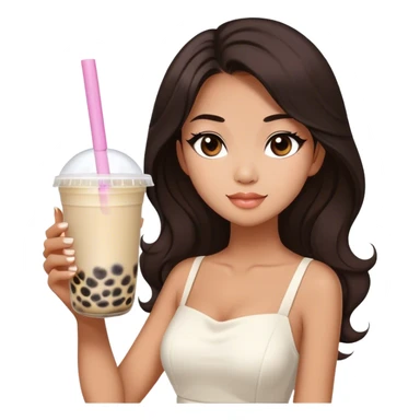 Beautiful woman in 1965’s woman fashion look, white dress, long dark brown hair, bubble tea sticker