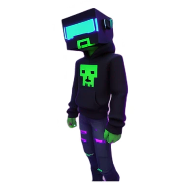 Minecraft Creeper wearing a black hoodie with "OMG" letters on it and VR headset in a cyberpunk VR environment with violet neon lighting. sticker