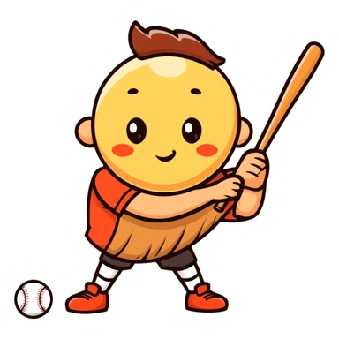 a wooden log with thin stick legs, cute cartoonish face, holding a baseball bat sticker