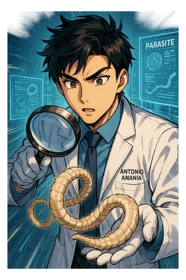 A dynamic manga/webtoon-style illustration of a young male kinesiologist wearing a clean white lab coat, analyzing light beige worms like a tapeworm under a magnifying glass. His expression is focused and slightly intrigued, with sharp, detailed eyes. The art style is vibrant, with bold linework, rich colors, and dramatic lighting. The background is a futuristic laboratory with glowing holographic screens displaying parasite data. The tapeworm is intricately drawn, slimy and segmented, with a slightly exaggerated yet realistic texture. The composition is dynamic, with motion lines or energy effects to emphasize his scientific investigation. The atmosphere is intense but not dark, keeping a balance between scientific seriousness and stylish manga aesthetics, he has "ANTONIO ANANIA" WRITTEN ON WHITE LAB COAT sticker