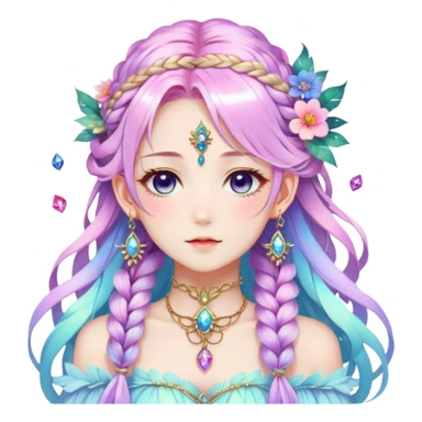 Beautiful gorgeous anime lady with beautiful iridescent-nebula-braided-hair, fashion aesthetic, ethereal, fairycore, pastelcore, feather, flowers, gems, accessories, jewelries, gold, colorful sticker