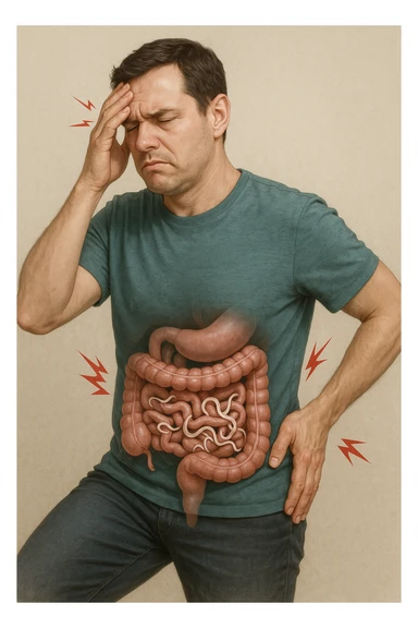 uomo che ignora i suoi un mal di testa, mal di schiena e dolore articolare e ignora ogni segnale e messaggio che il corpo manda per avvertirlo, ma alla fine dipendono tutto dai parassiti intestinali realistica sticker