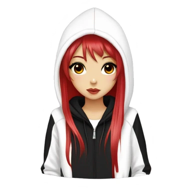 hime gyaru girl, long straight black and red hair, dark makeup, white hoodie with black logo on front sticker